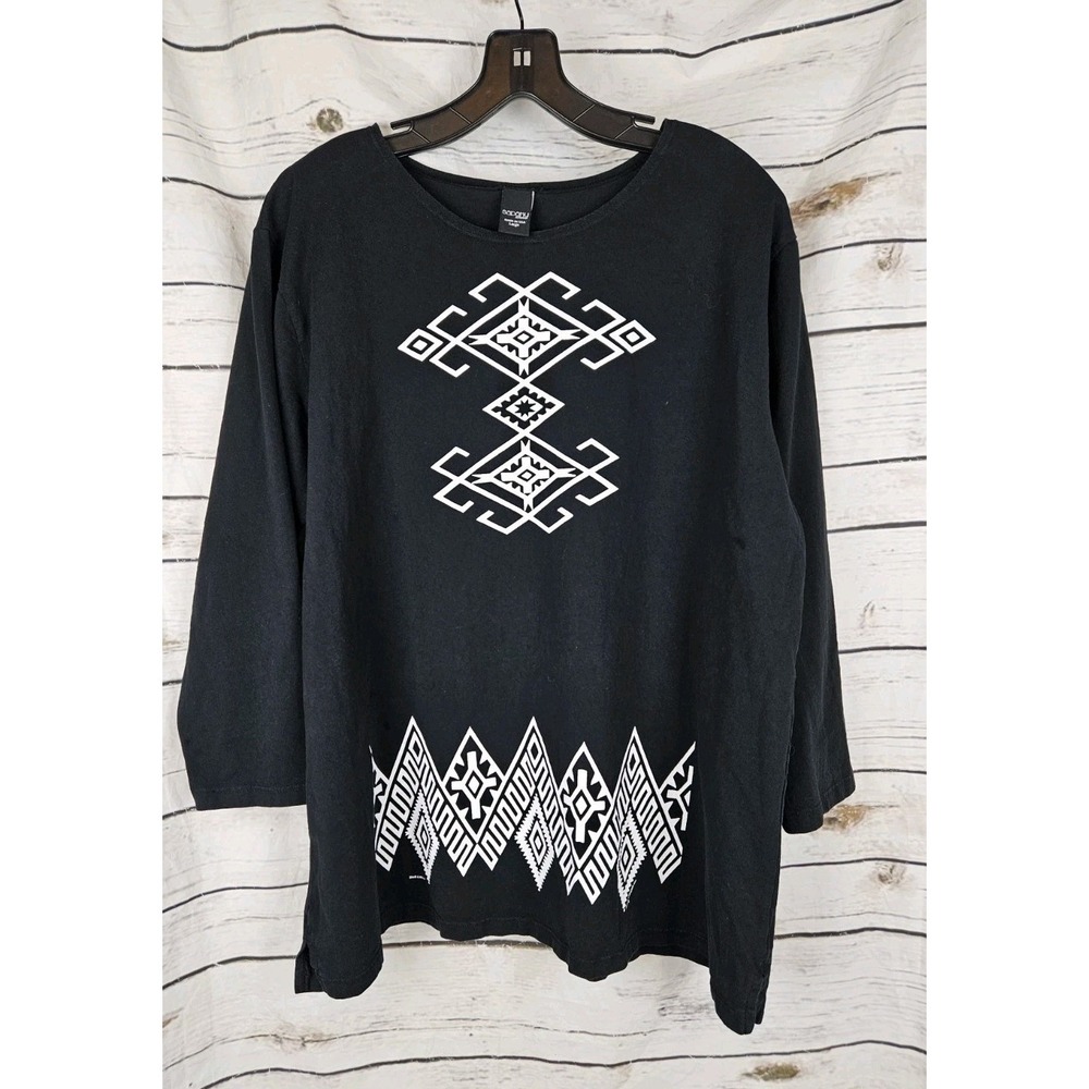 Sabaku Black Aztec Southwestern Graphic T-Shirt L Tunic Art to Wear 100% Cotton